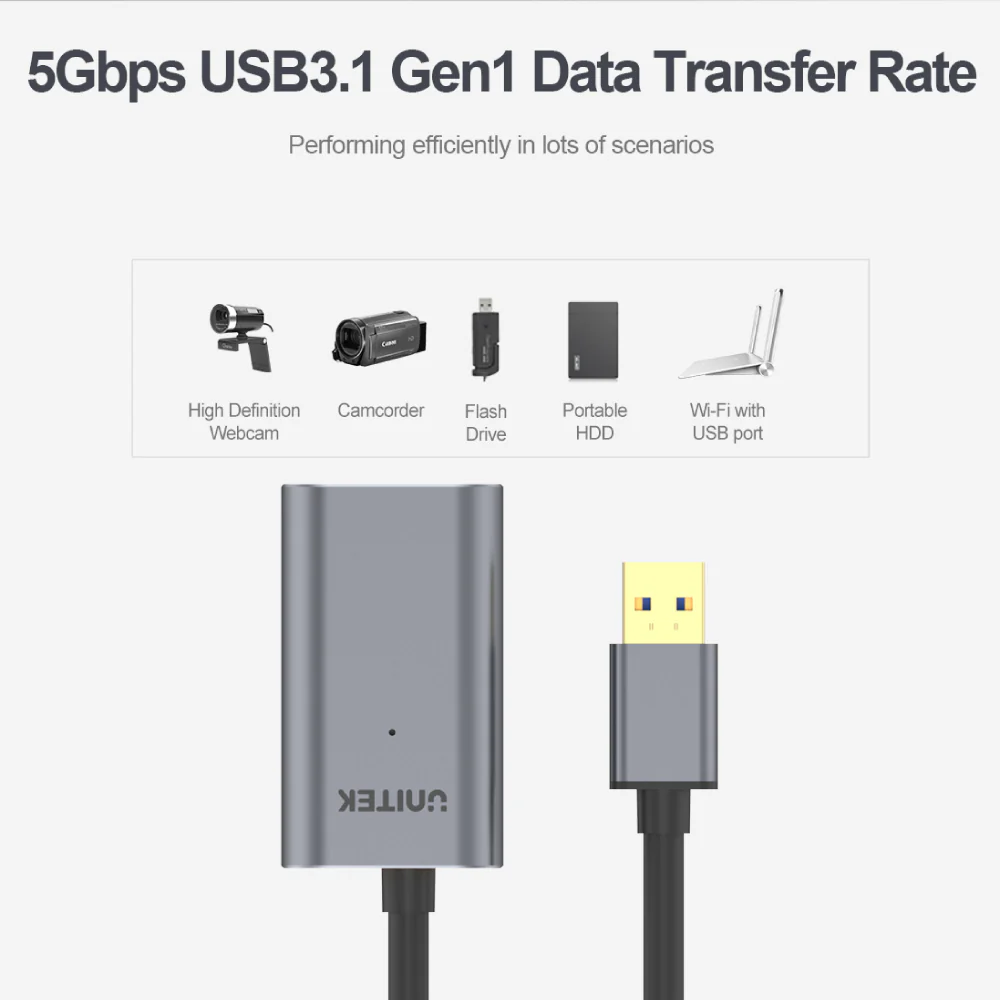 Buy UNITEK USB 3.0 Extension Cable (5 Meter) Signal Booster, Aluminium Housing, Gold-Plated Connector, DC Jack Online in Pakistan - UGREEN PK