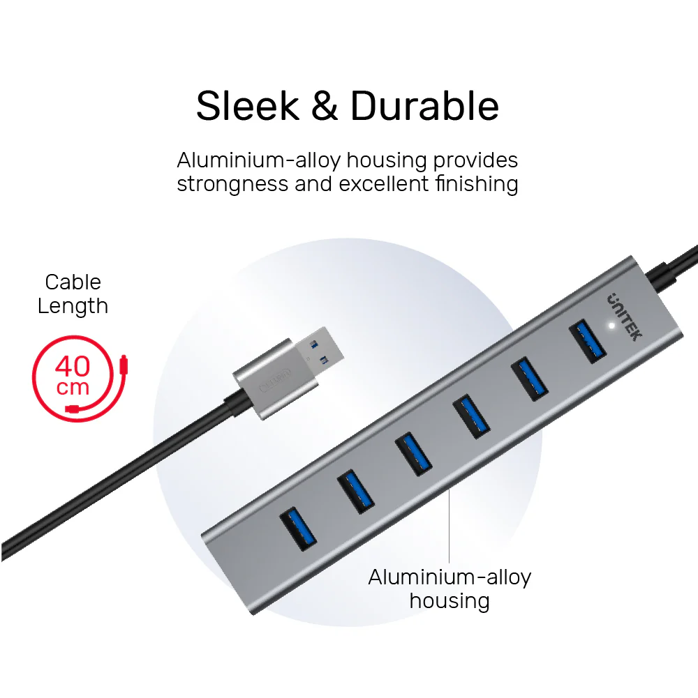 Buy UNITEK uHUB S7 7-Port USB 3.0 Powered Hub (40cm) Aluminum Enclosure, BC1.2 Charging, LED Indicator Online in Pakistan - UGREEN PK