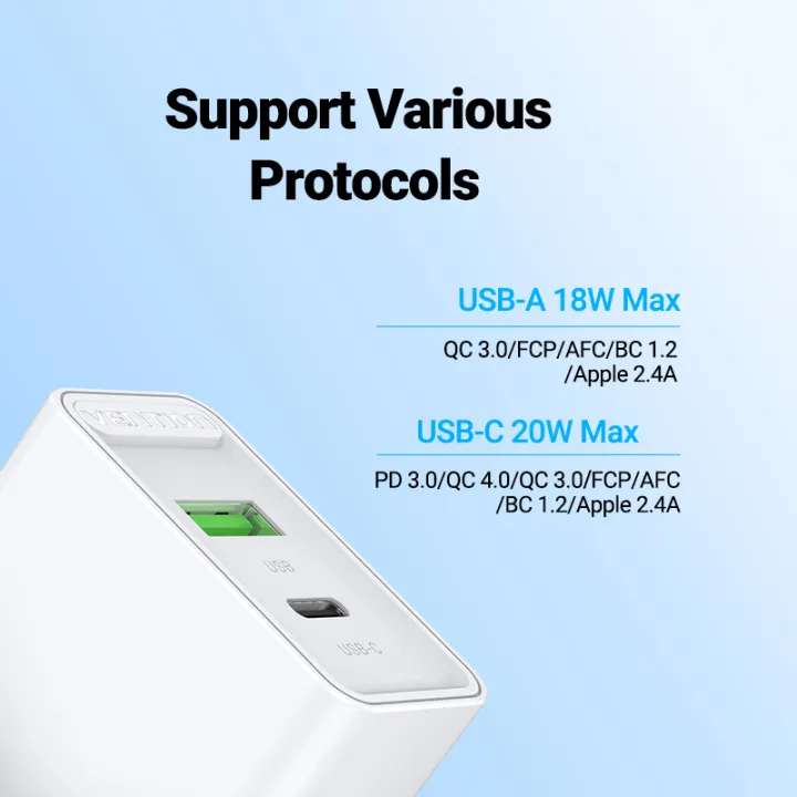Buy VENTION 20W USB-C & USB-A Fast Charger PD 20W & QC 18W (White) US Plug Online in Pakistan - UGREEN PK