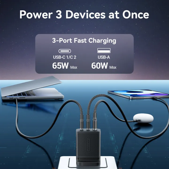 Buy VENTION 65W GaN 3-Port USB-C Fast Charger (UK Plug) PD 3.0 Type-C Adapter for iPhone 16/15/14/13 Pro Max Online in Pakistan - UGREEN PK