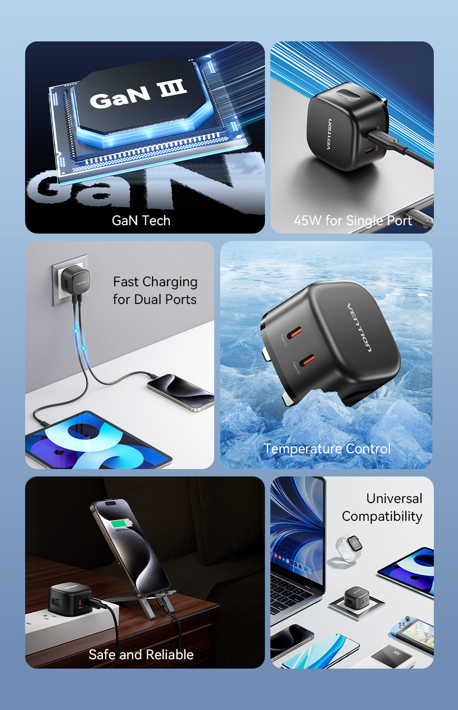 VENTION FESB0-UK 45W GaN Charger 2-Port USB-C PD 3.0 Fast Charger for iPhone 17/16/15/14 Buy VENTION FESB0-UK 45W GaN Charger 2-Port USB-C PD 3.0 Fast Charger for iPhone 17/16/15/14 Online in Pakistan - UGREEN PK