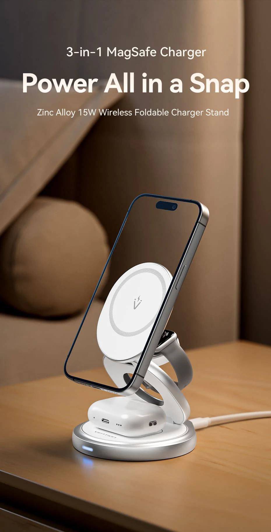 VENTION FGEI0 3-in-1 15W Wireless Charger 360° Rotating Stand with MagSafe Buy VENTION FGEI0 3-in-1 15W Wireless Charger 360° Rotating Stand with MagSafe Online in Pakistan - UGREEN PK