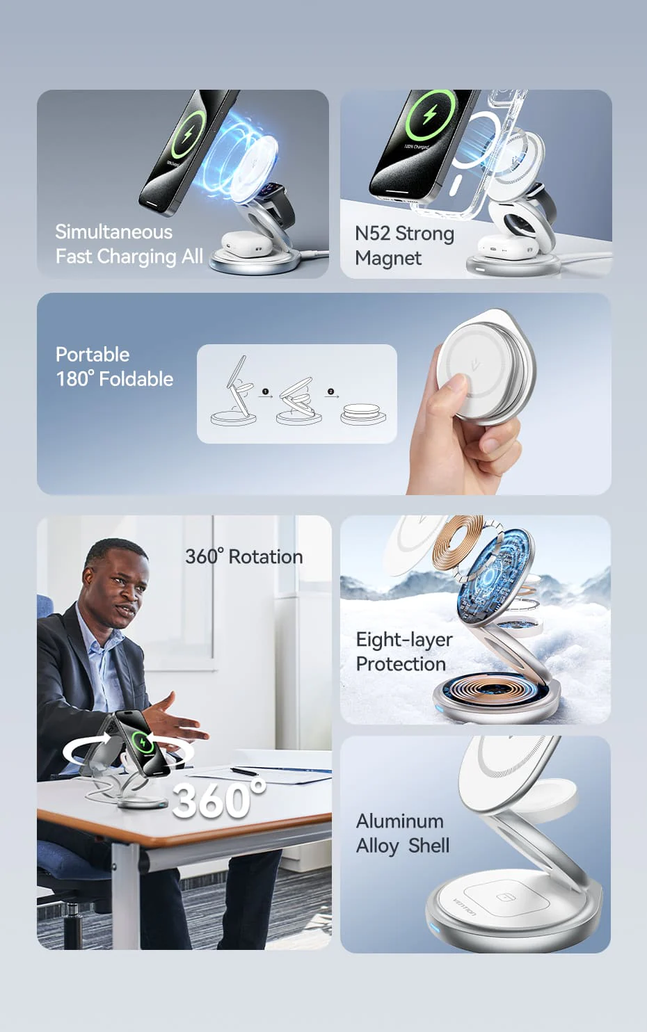 VENTION FGEI0 3-in-1 15W Wireless Charger 360° Rotating Stand with MagSafe Buy VENTION FGEI0 3-in-1 15W Wireless Charger 360° Rotating Stand with MagSafe Online in Pakistan - UGREEN PK