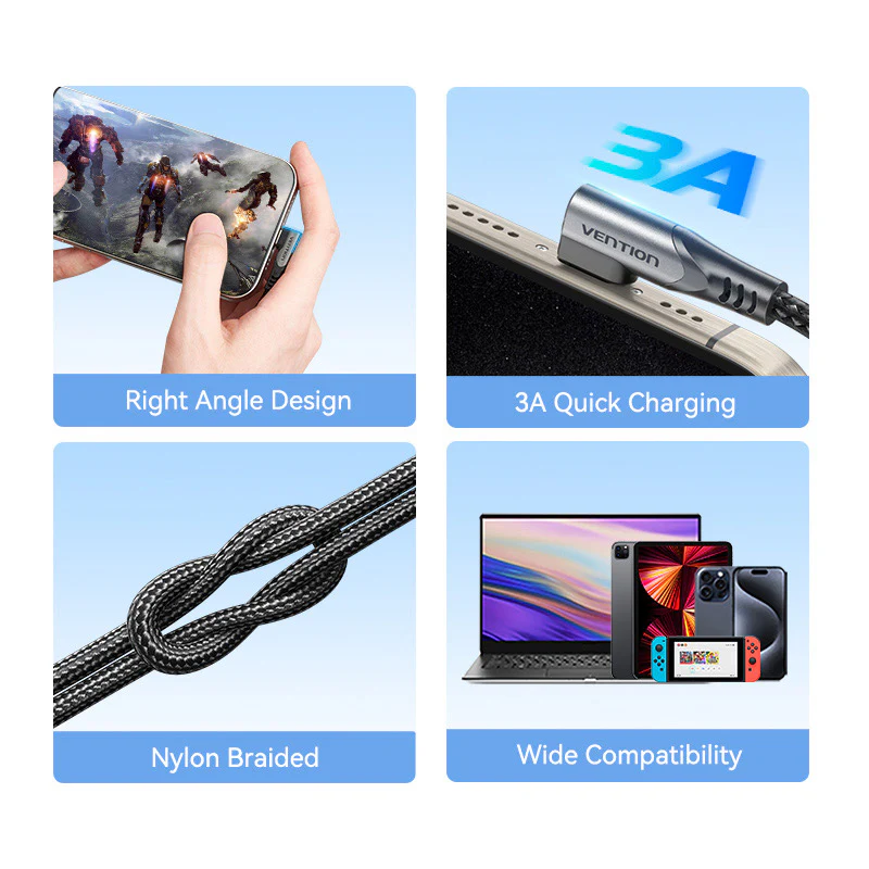 Buy VENTION USB 2.0 PD 60W Type-C to Type-C Right Angle Cable 3A Fast Charging Online in Pakistan - UGREEN PK
