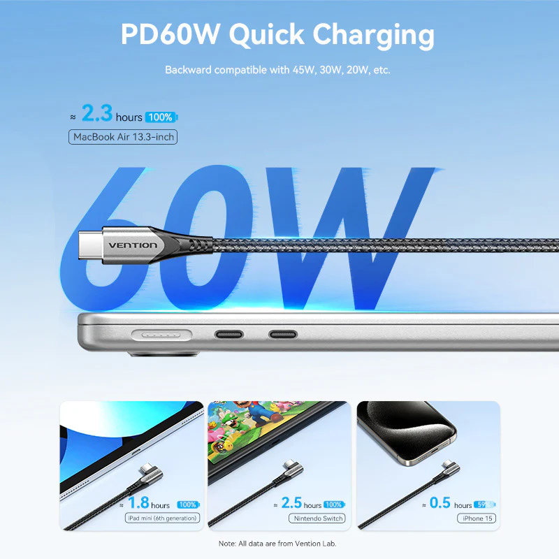 Buy VENTION USB 2.0 PD 60W Type-C to Type-C Right Angle Cable 3A Fast Charging Online in Pakistan - UGREEN PK