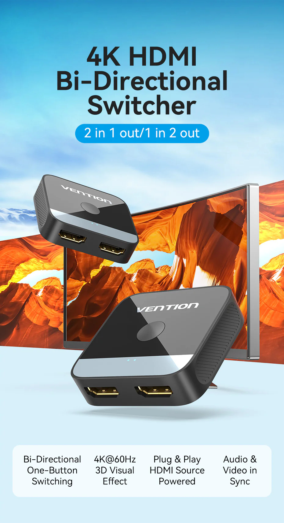 VENTION AKOB0 HDMI 2 In 1 Out 4K@60Hz Bi-Directional HDMI Switcher Buy VENTION AKOB0 HDMI 2 In 1 Out 4K@60Hz Bi-Directional HDMI Switcher Online in Pakistan - UGREEN PK