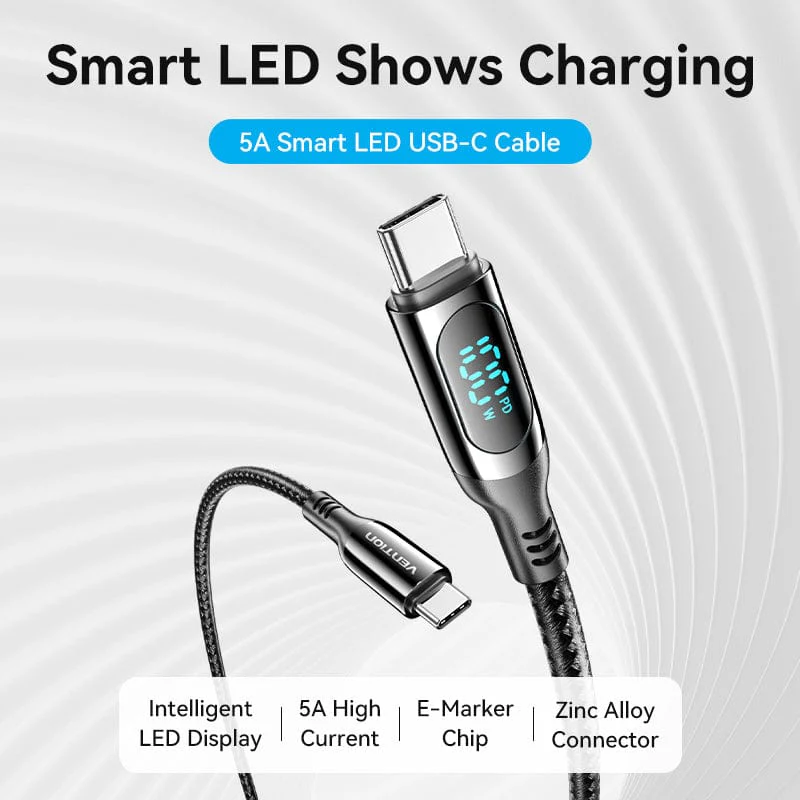 Buy VENTION TAYBAV 100W 5A USB-C to USB-C Cable (1.2 Meter) Smart LED Power Display for iPhone 16/15 Series Online in Pakistan - UGREEN PK