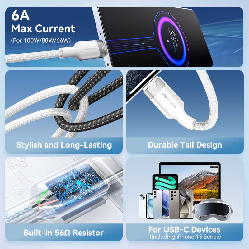 Buy VENTION USB 2.0 A to C Cable 100W PD 6A Fast Charging Cable for iPhone 16/15 Series Online in Pakistan - UGREEN PK