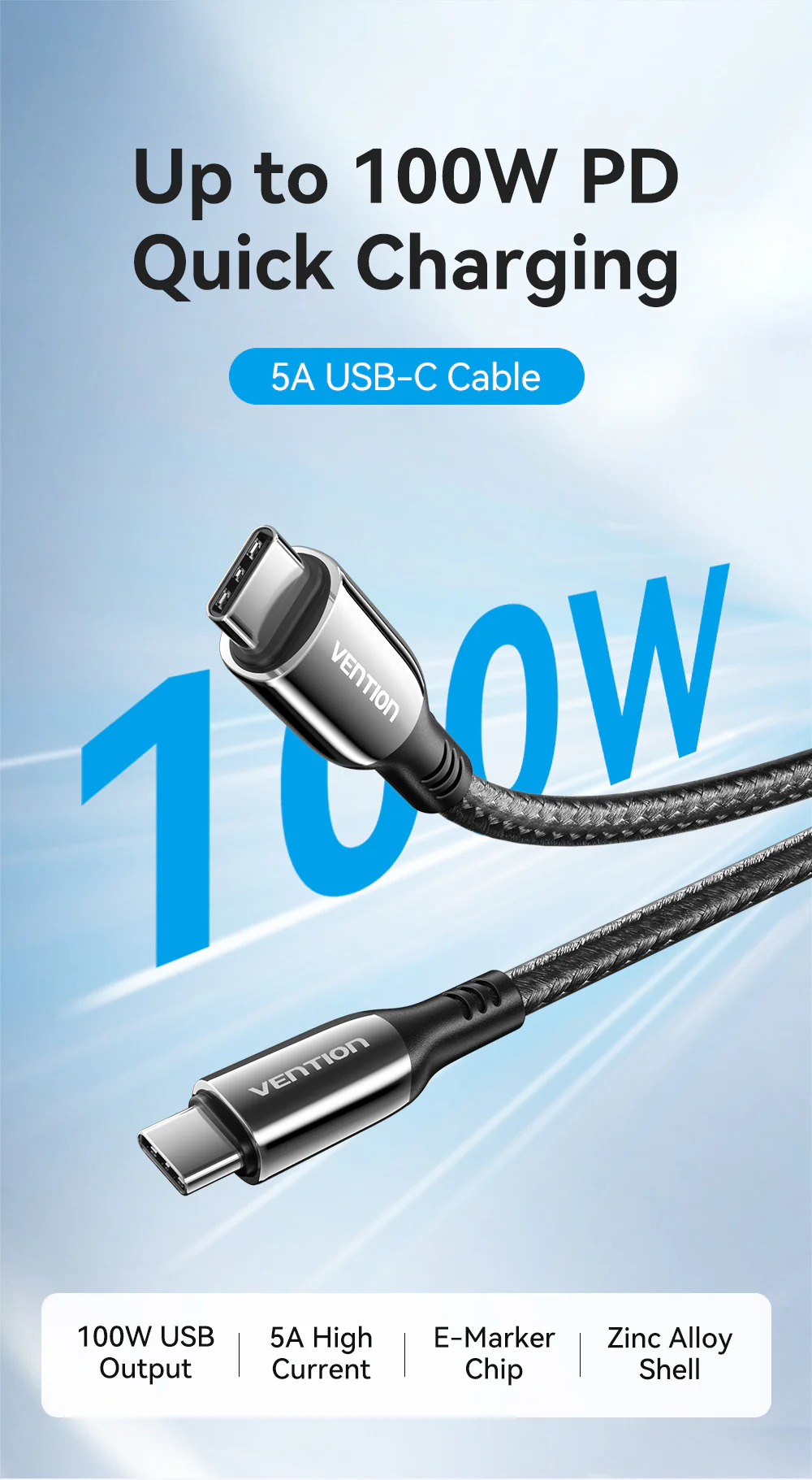 VENTION USB-C to USB-C Cable 100W 5A PD 3.0 Fast Charging Cable (E-Marker Chip) Nylon Braided for iPhone 16/15 Series Buy VENTION USB-C to USB-C Cable 100W 5A PD 3.0 Fast Charging Cable (E-Marker Chip) Nylon Braided for iPhone 16/15 Series Online in Pakistan - UGREEN PK