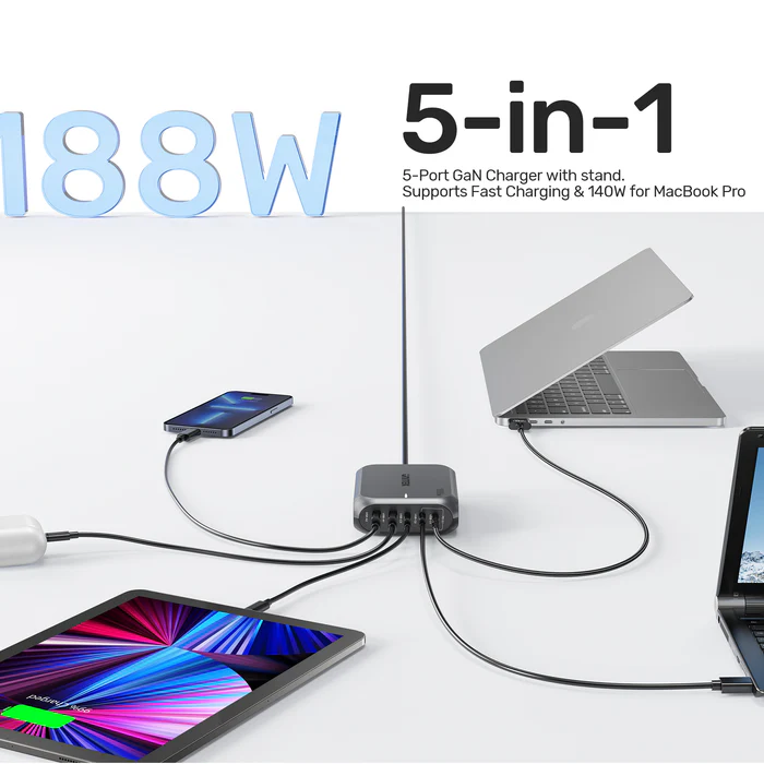 Buy UNITEK 188W PD3.1 Desktop GaN Charging Station 5-Port Laptop & Phone Charger Online in Pakistan - UGREEN PK