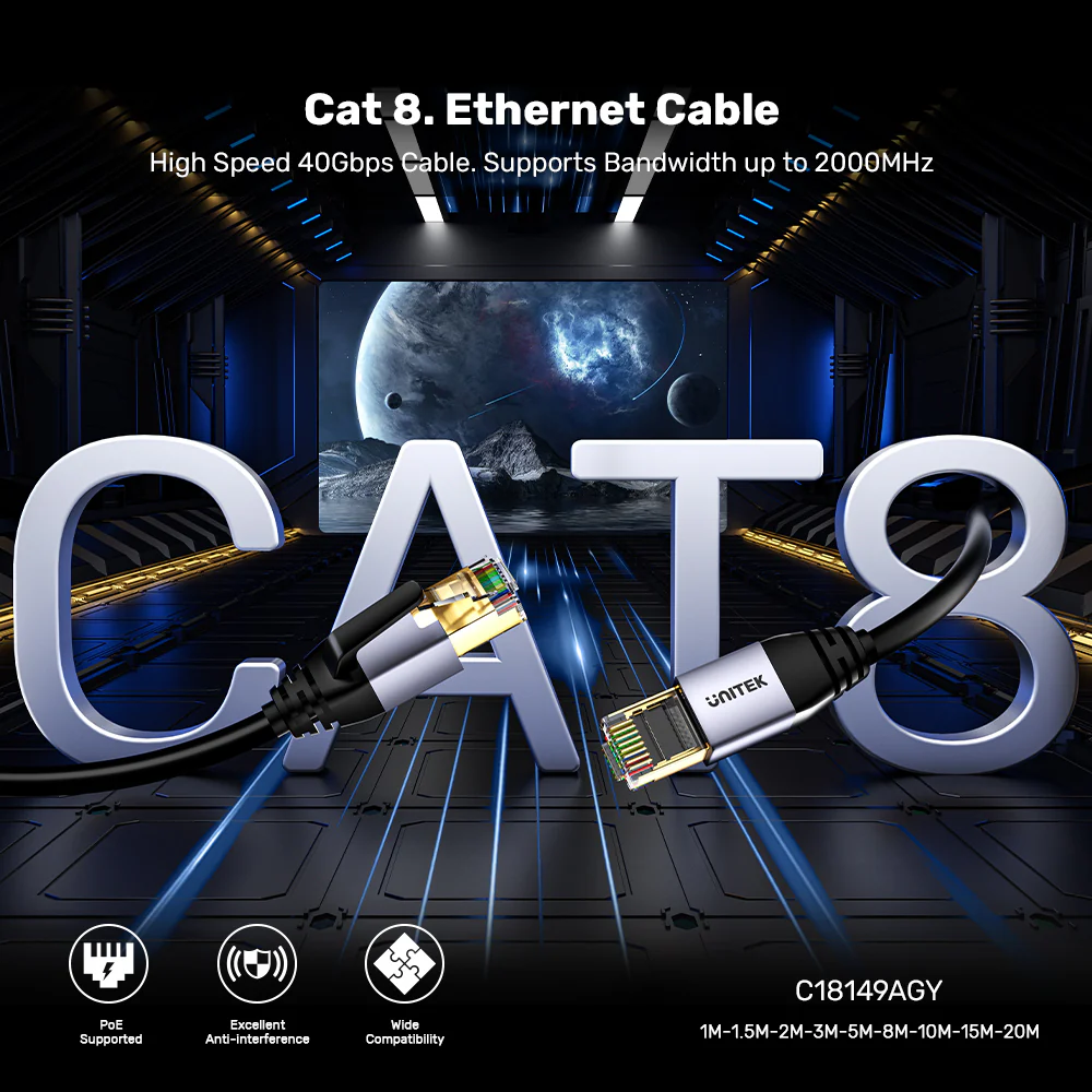 UNITEK Cat 8 Ethernet Cable 40Gbps 2000MHz S/FTP Double Shielding PoE Supported