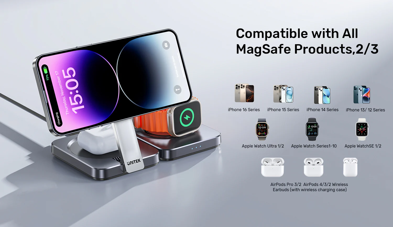 UNITEK Qi2 Foldable 3-in-1 Charging Station 15W MagSafe Wireless Charger Buy UNITEK Qi2 Foldable 3-in-1 Charging Station 15W MagSafe Wireless Charger Online in Pakistan - UGREEN PK