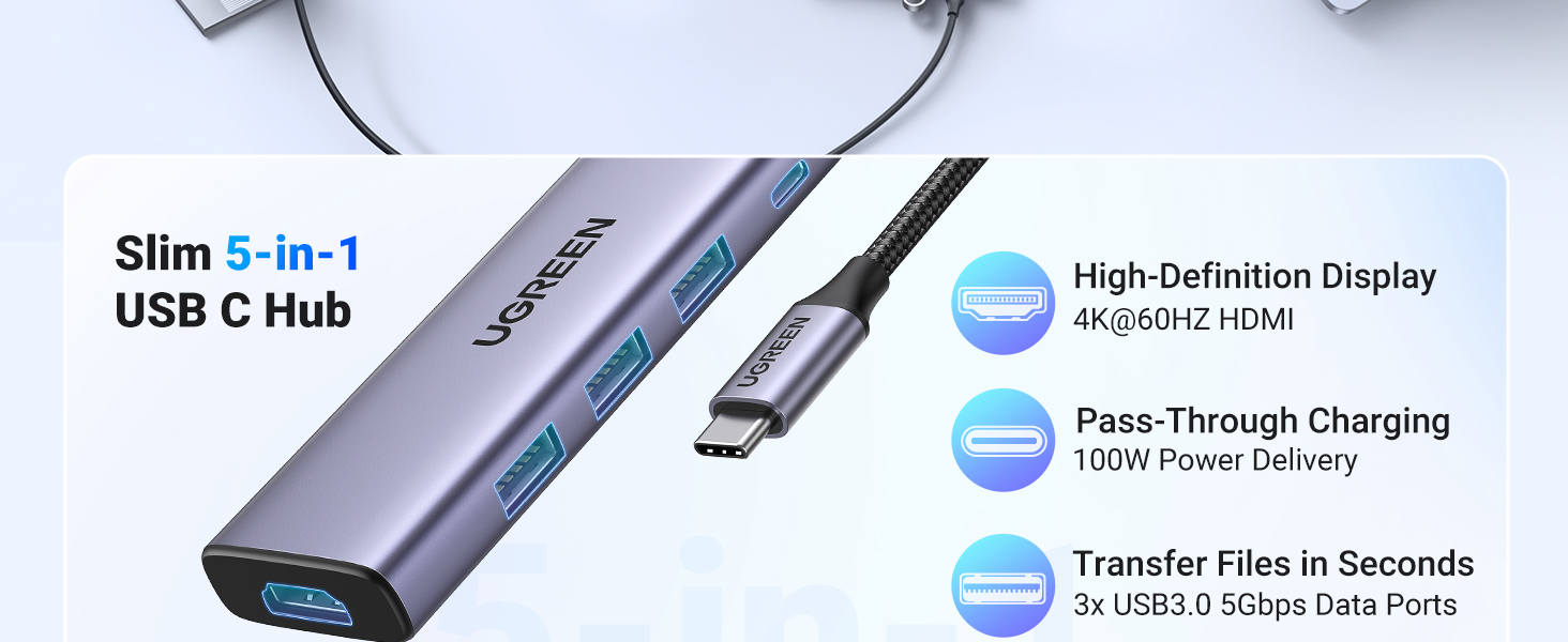 UGREEN 15597 5-in-1 USB C Hub with 4K@60Hz HDMI 100W PD Charging 3x USB 3.0 Ports Buy UGREEN 15597 5-in-1 USB C Hub with 4K@60Hz HDMI 100W PD Charging 3x USB 3.0 Ports Online in Pakistan - UGREEN PK