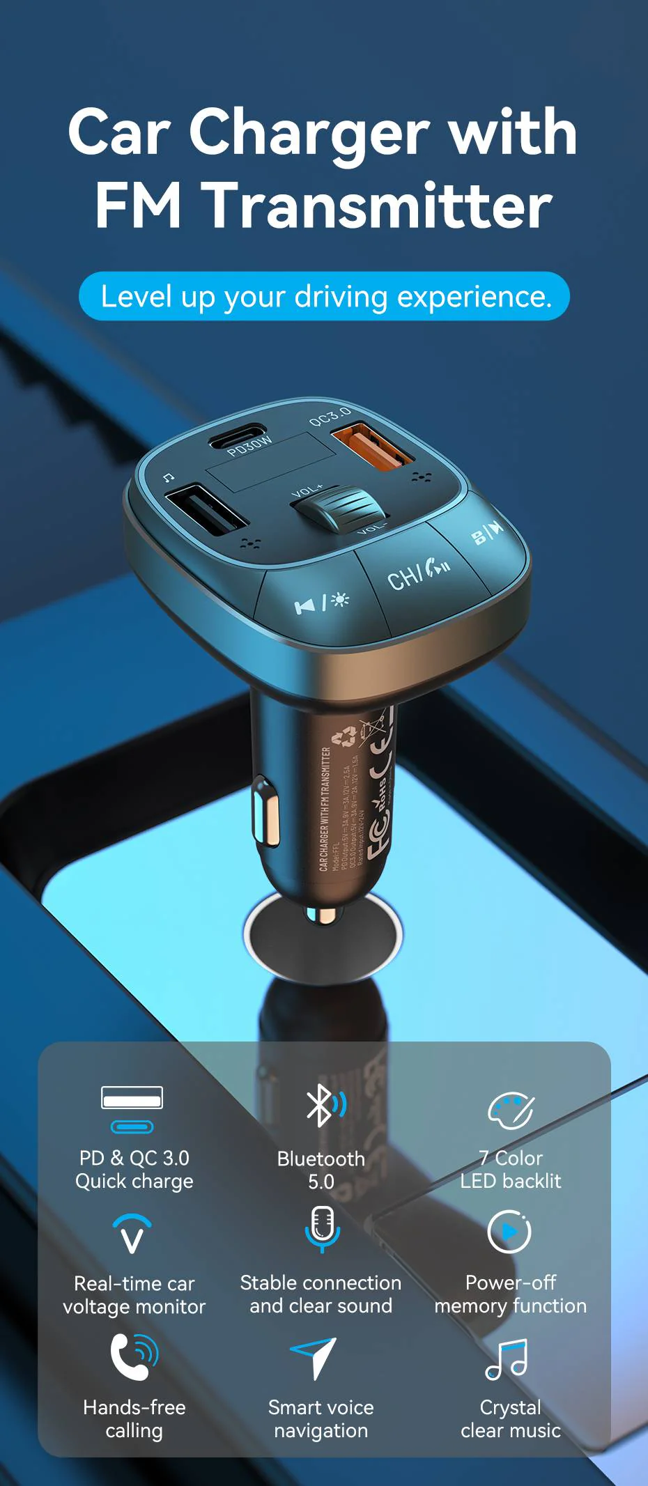 VENTION FFLB0 Bluetooth FM Transmitter 30W PD Fast Charging for Car Buy VENTION FFLB0 Bluetooth FM Transmitter 30W PD Fast Charging for Car Online in Pakistan - UGREEN PK