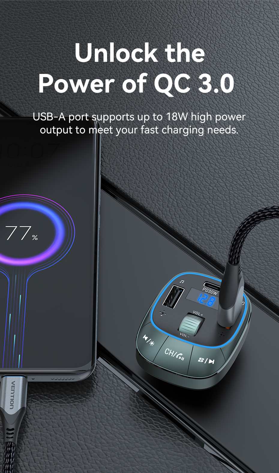 VENTION FFLB0 Bluetooth FM Transmitter 30W PD Fast Charging for Car Buy VENTION FFLB0 Bluetooth FM Transmitter 30W PD Fast Charging for Car Online in Pakistan - UGREEN PK