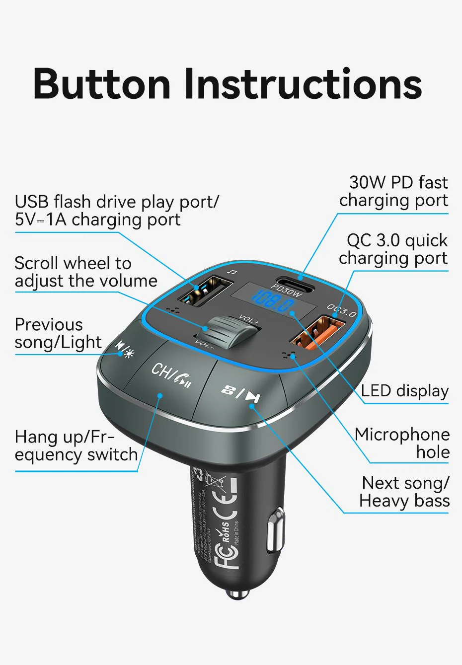 VENTION FFLB0 Bluetooth FM Transmitter 30W PD Fast Charging for Car Buy VENTION FFLB0 Bluetooth FM Transmitter 30W PD Fast Charging for Car Online in Pakistan - UGREEN PK