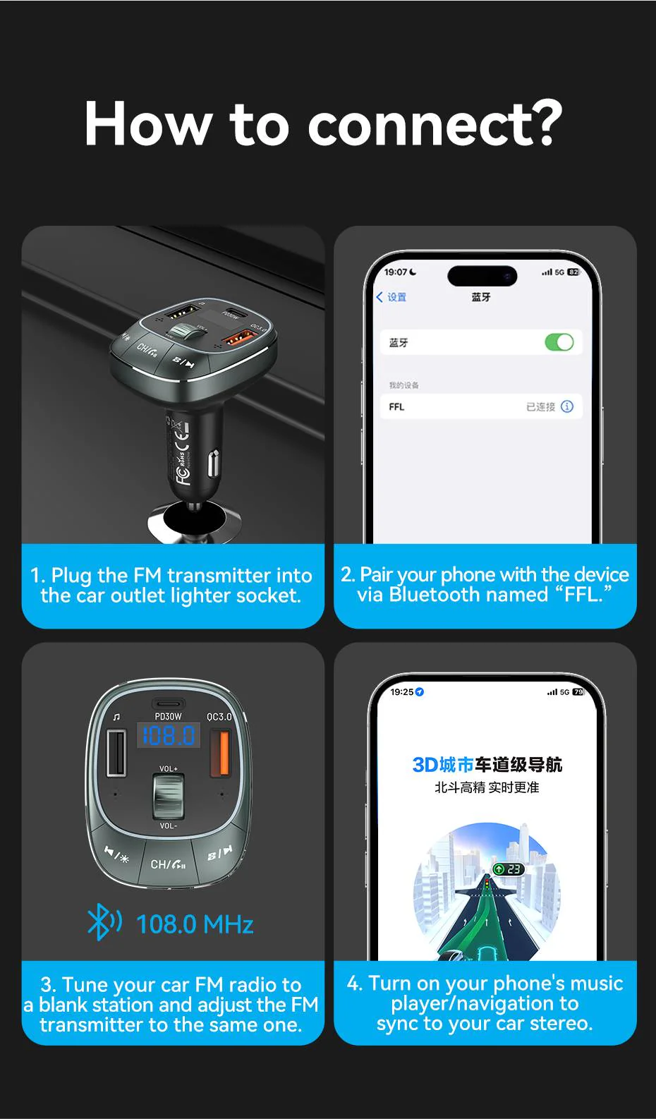 VENTION FFLB0 Bluetooth FM Transmitter 30W PD Fast Charging for Car Buy VENTION FFLB0 Bluetooth FM Transmitter 30W PD Fast Charging for Car Online in Pakistan - UGREEN PK