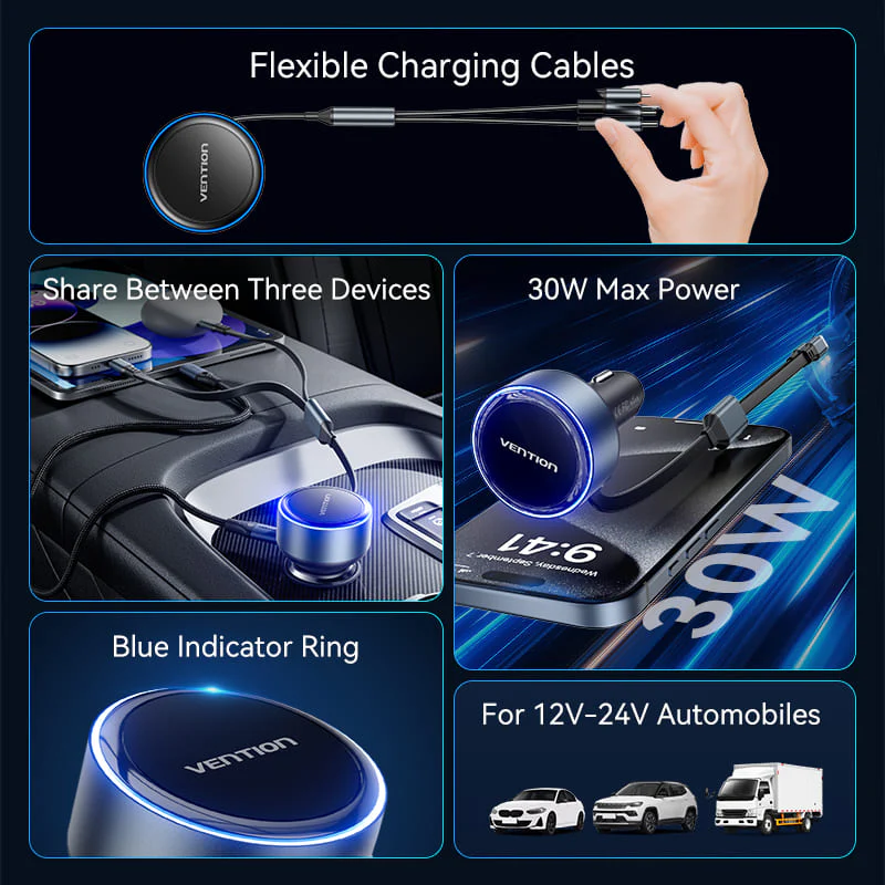 Buy VENTION 30W PD Fast Car Charger with Built-In USB-C + Lightning Cables for iPhone 17/16/15/14 Online in Pakistan - UGREEN PK