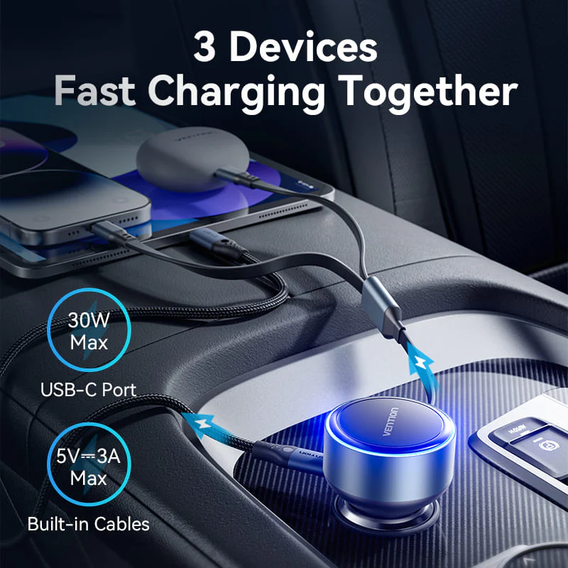 Buy VENTION 30W PD Fast Car Charger with Built-In USB-C + Lightning Cables for iPhone 17/16/15/14 Online in Pakistan - UGREEN PK