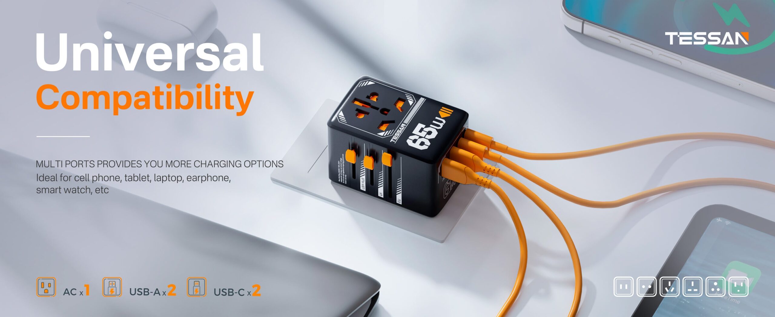 TESSAN 65W Universal Travel Adapter (2xUSB-C 65W + 2xUSB-A 60W/5W) + AC Outlet) Buy TESSAN 65W Universal Travel Adapter (2xUSB-C 65W + 2xUSB-A 60W/5W) + AC Outlet) Online in Pakistan - UGREEN PK