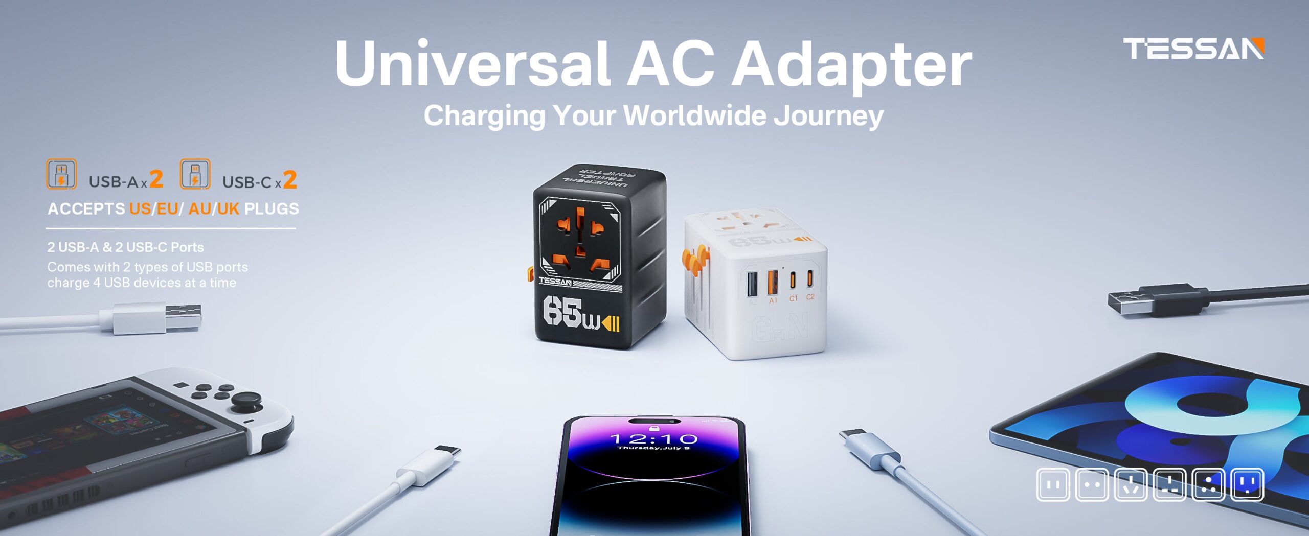 TESSAN 65W Universal Travel Adapter (2xUSB-C 65W + 2xUSB-A 60W/5W) + AC Outlet) Buy TESSAN 65W Universal Travel Adapter (2xUSB-C 65W + 2xUSB-A 60W/5W) + AC Outlet) Online in Pakistan - UGREEN PK