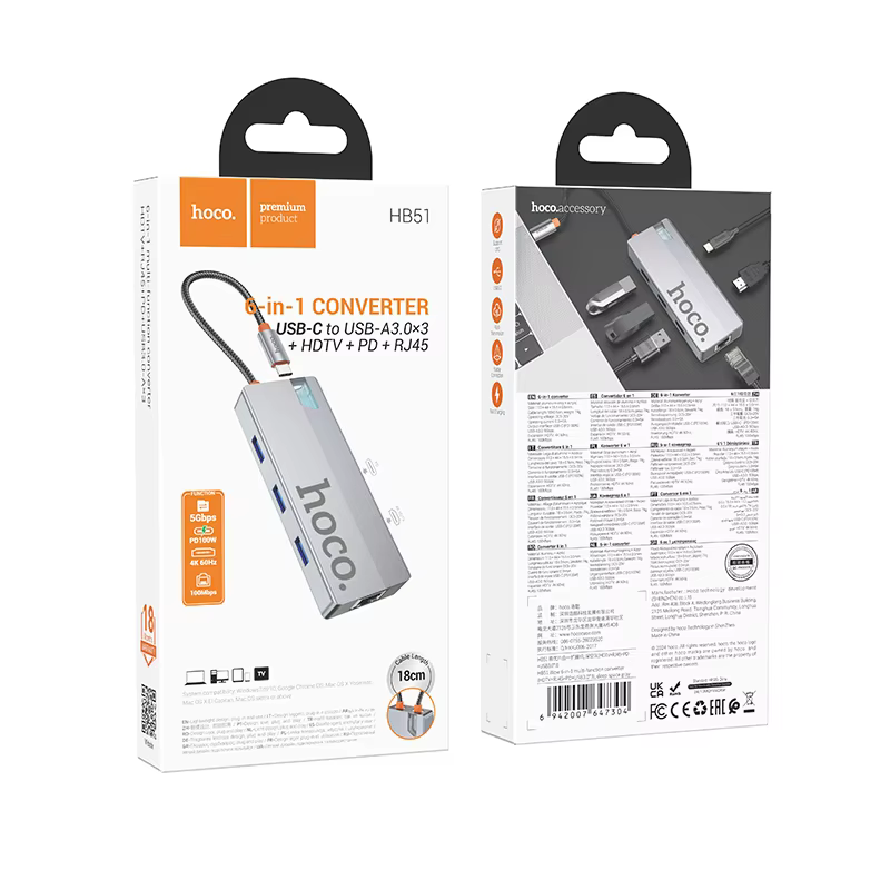 Buy HOCO HB51 6-in-1 USB-C Hub - 4K HDMI, Gigabit Ethernet, 100W PD Charging, 3x USB 3.0 Ports Online in Pakistan - UGREEN PK