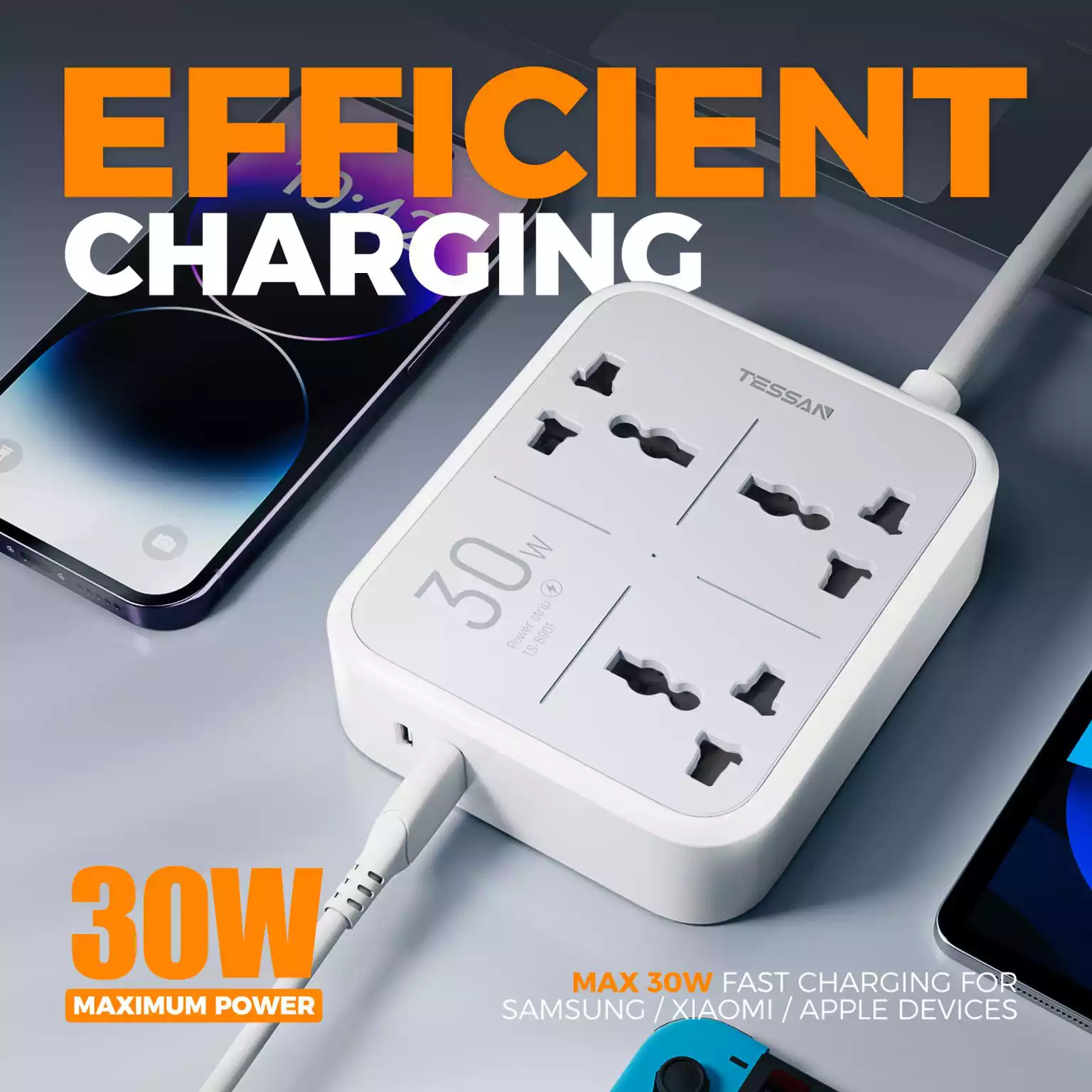 Buy TESSAN Power Strip 3 Outlets USB-C 30W Fast Charging (3M Cable) EU Plug Online in Pakistan - UGREEN PK