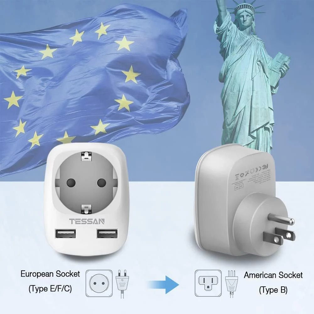 Buy TESSAN TS-611-DE Europe to US Plug Adapter with 2 USB Ports & 1 AC Outlet Online in Pakistan - UGREEN PK