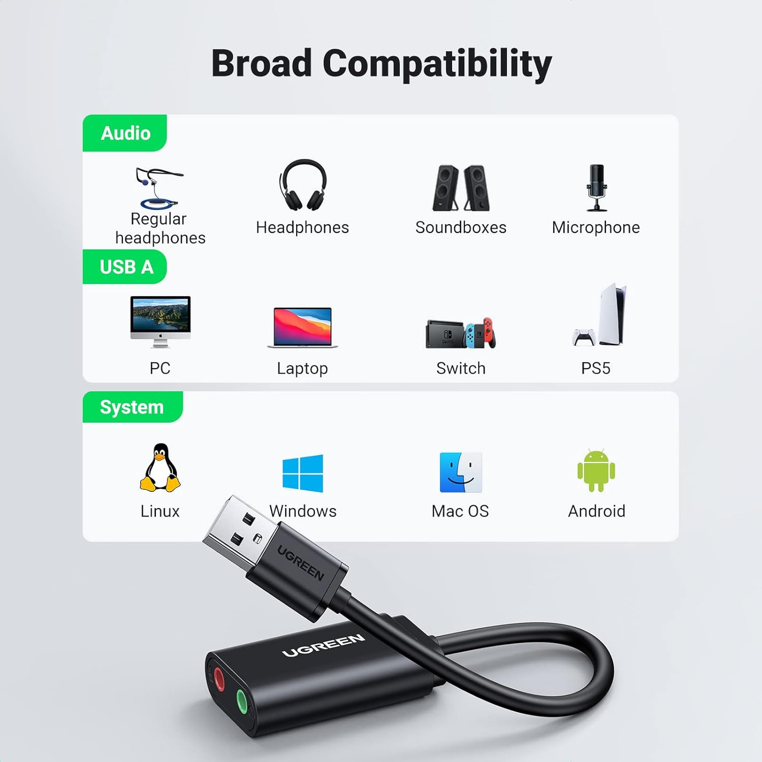 Buy UGREEN 30724 USB to Audio Jack Sound Card Adapter with Dual TRS 3-Pole 3.5mm Headphone and Microphone Online in Pakistan - UGREEN PK