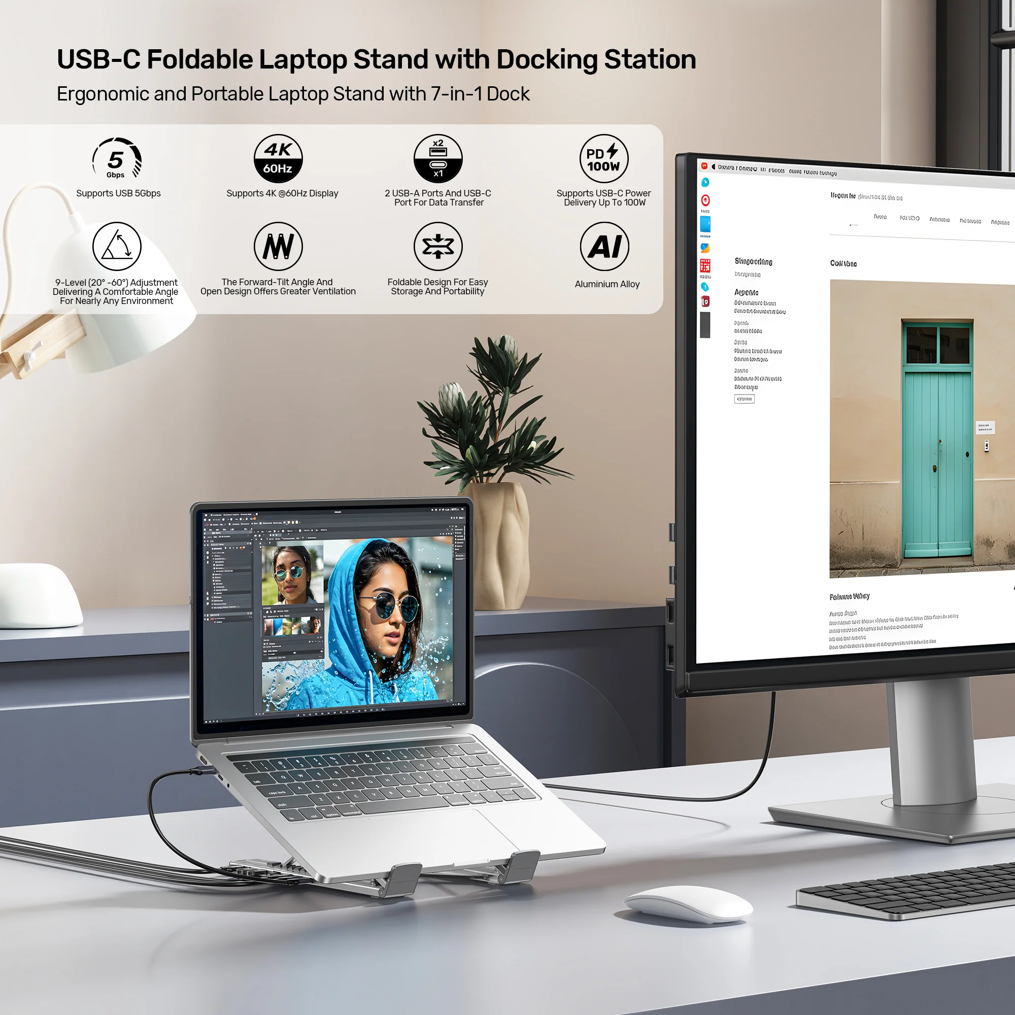 Buy UNITEK Foldable Laptop Stand with 7-in-1 Docking Station Aluminum USB-C Stand for MacBook, Laptop, Tablet Online in Pakistan - UGREEN PK