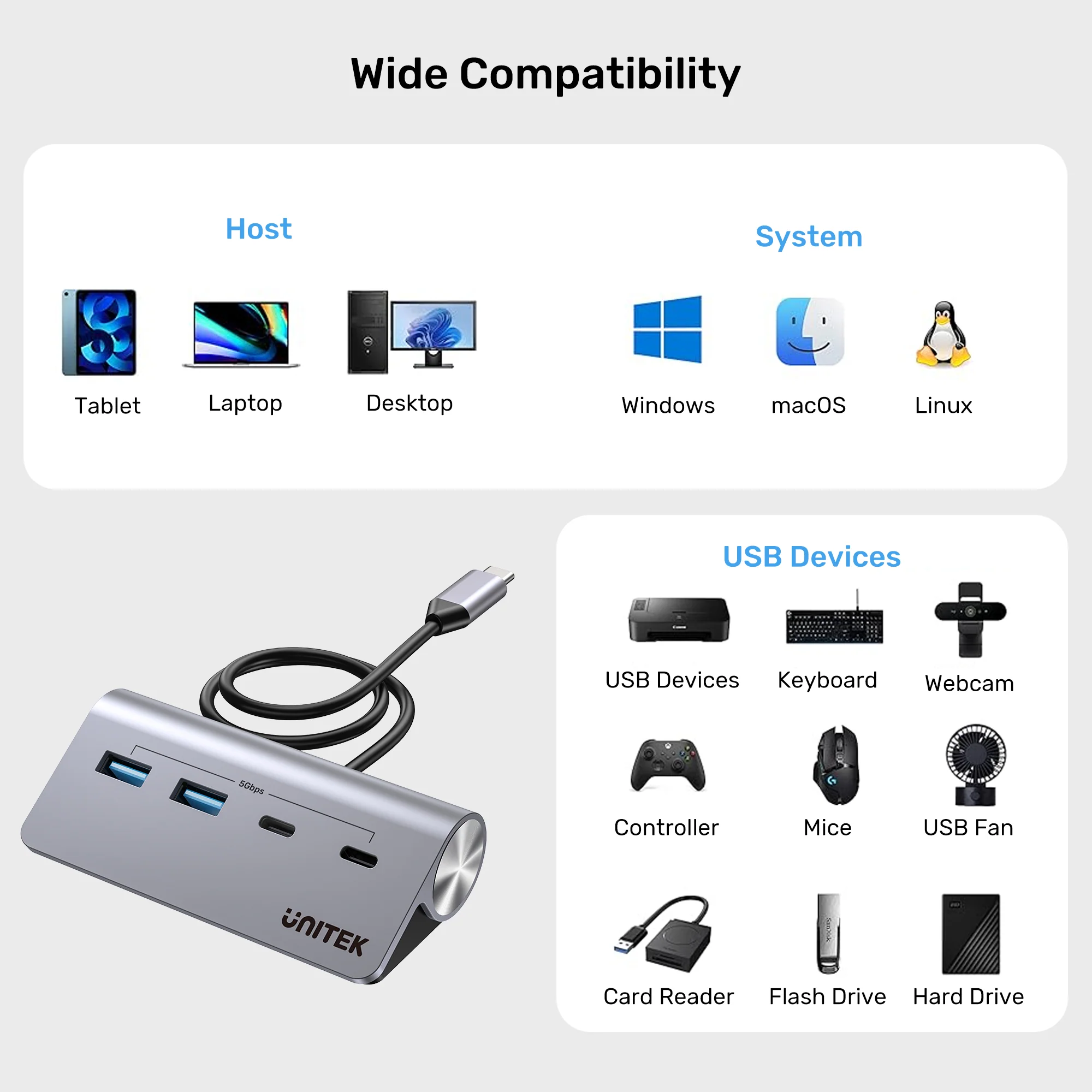 Buy UNITEK uHUB Q4 4-in-1 USB-C Hub 5Gbps Dual USB-A & USB-C Aluminum Hub Online in Pakistan - UGREEN PK