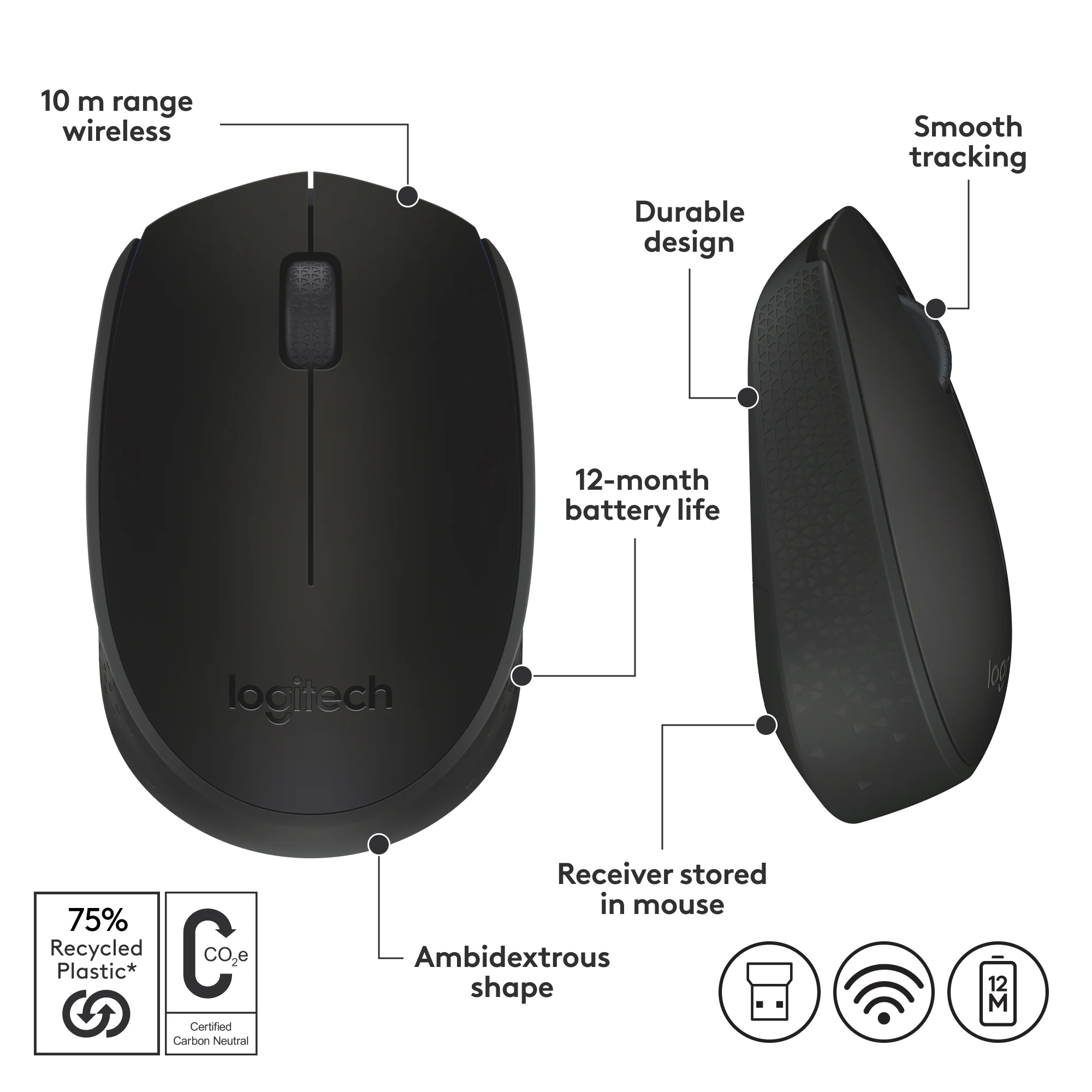 Buy Logitech M170 Wireless Mouse 12-Month Battery 2.4GHz USB Nano Receiver 1000 DPI Plug & Play Online in Pakistan - UGREEN PK
