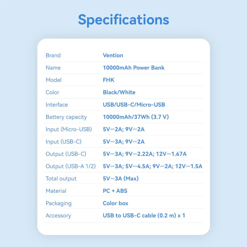 Buy VENTION FHKB0 10000mAh Power Bank with 22.5W PD 3.0 Fast Charging Battery iPhone 17/16/15 /14 Online in Pakistan - UGREEN PK
