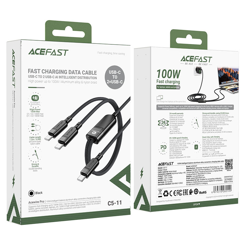 Buy Acefast C5-11 100W Dual USB-C Charging Cable 1-to-2 Splitter (1.2 Mete) AI Power Distribution Online in Pakistan - UGREEN PK
