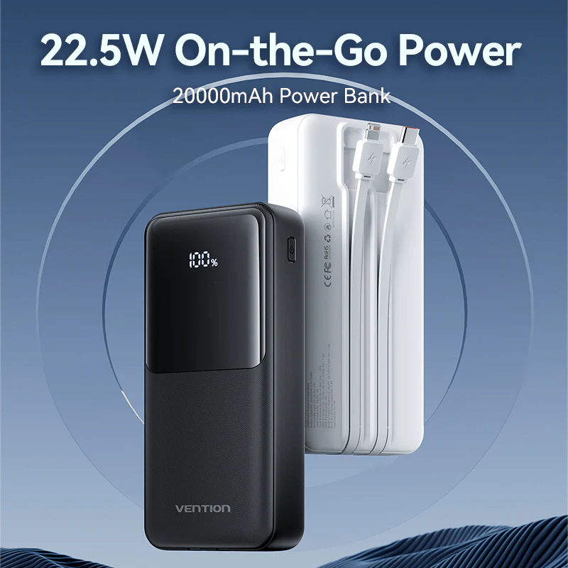 Buy VENTION FHPB0 20000mAh Power Bank 22.5W Fast Charging with Built-in Cables (Black) for iPhone 17/16/15 /14 Online in Pakistan - UGREEN PK