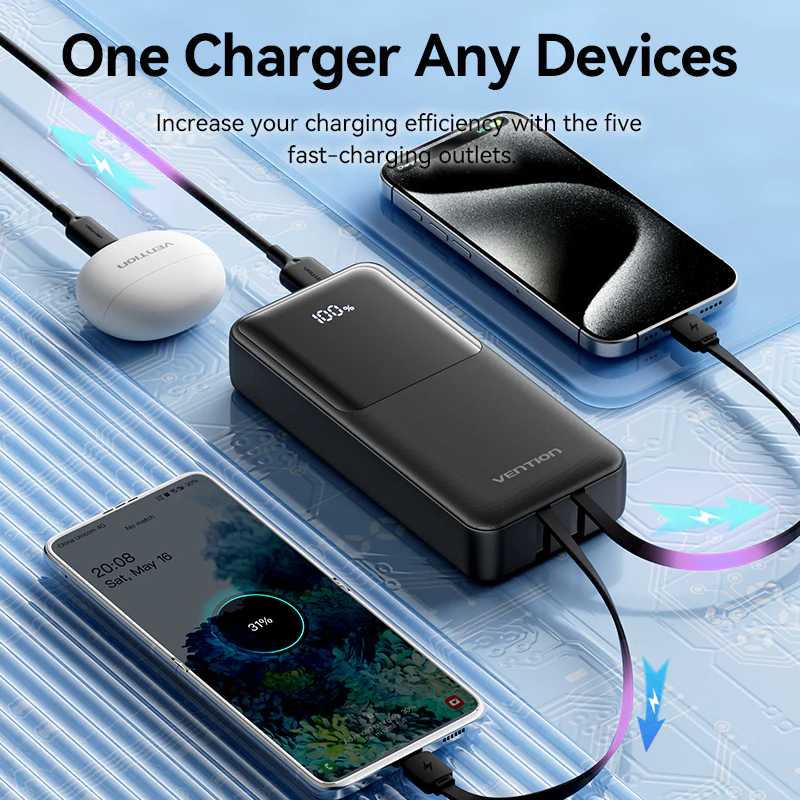 Buy VENTION FHPB0 20000mAh Power Bank 22.5W Fast Charging with Built-in Cables (Black) for iPhone 17/16/15 /14 Online in Pakistan - UGREEN PK