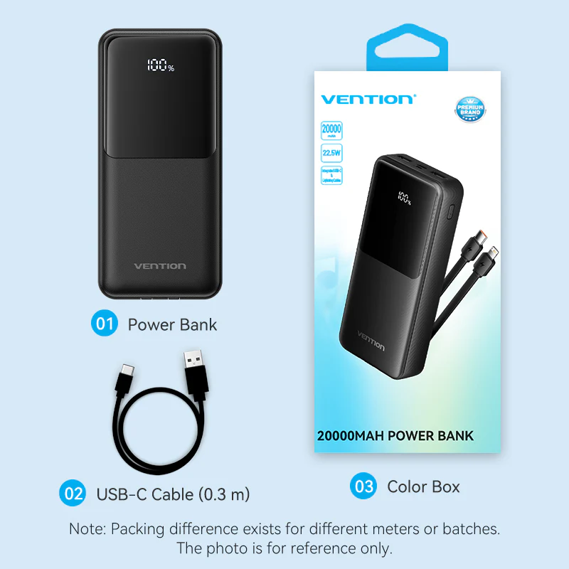 Buy VENTION FHPB0 20000mAh Power Bank 22.5W Fast Charging with Built-in Cables (Black) for iPhone 17/16/15 /14 Online in Pakistan - UGREEN PK