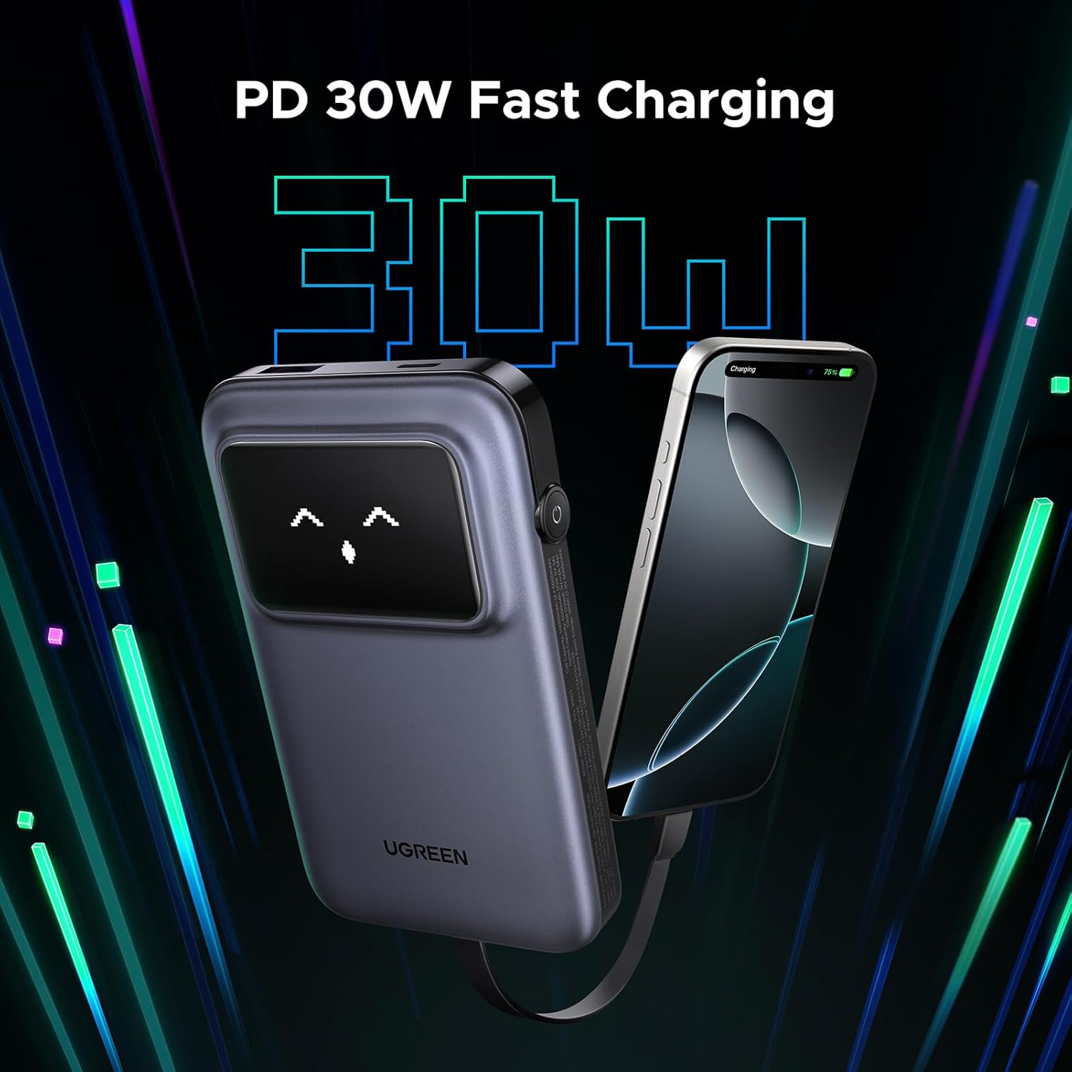Buy UGREEN 35603 Uno 30W PD Fast Charging 10,000mAh Power Bank Built-in Cable with TFT Display Online in Pakistan - UGREEN PK