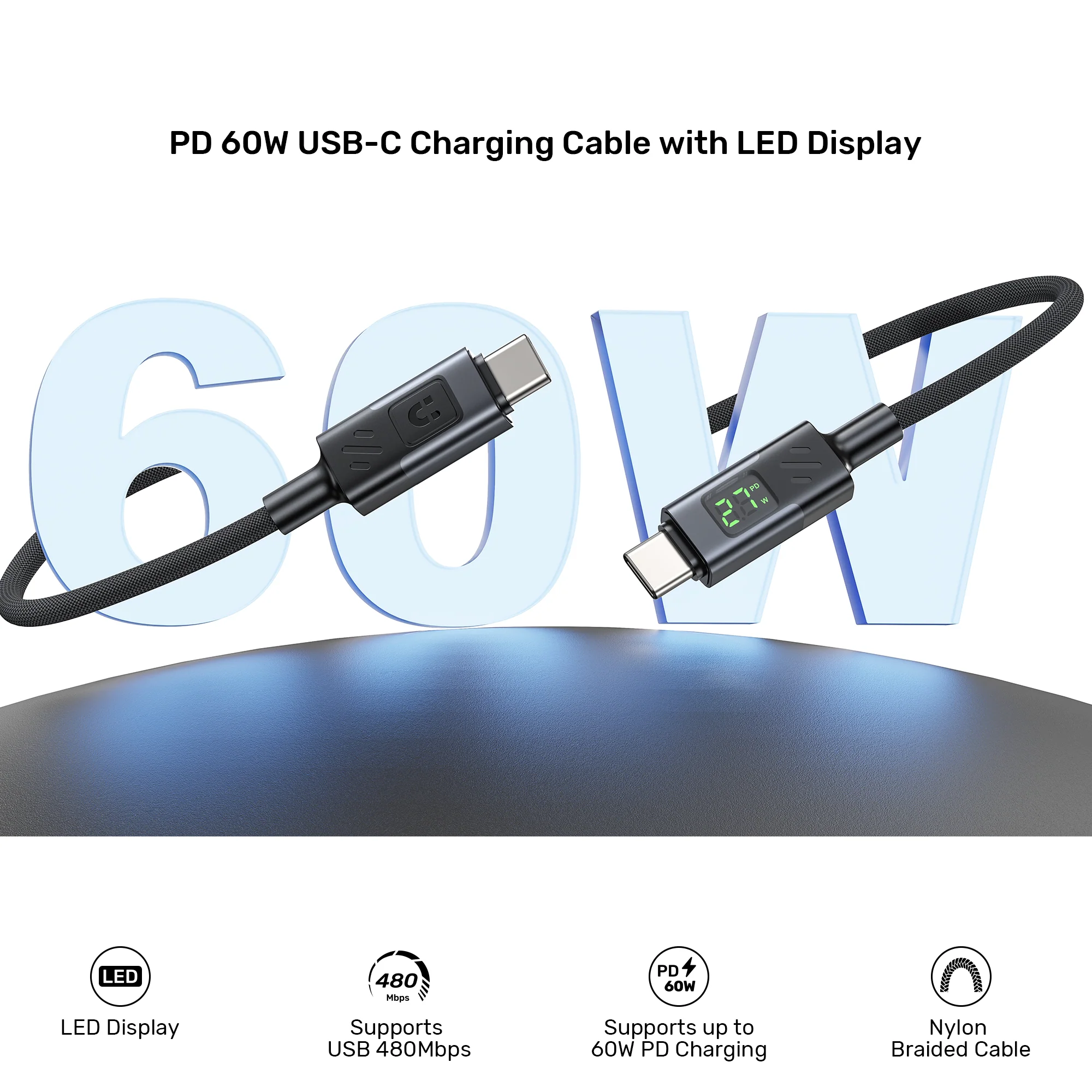 Buy UNITEK PD 60W USB-C Cable with LED Display (2 Meters) E-Marker Chip for iPhone 17/1615, Galaxy S25/S24 Online in Pakistan - UGREEN PK