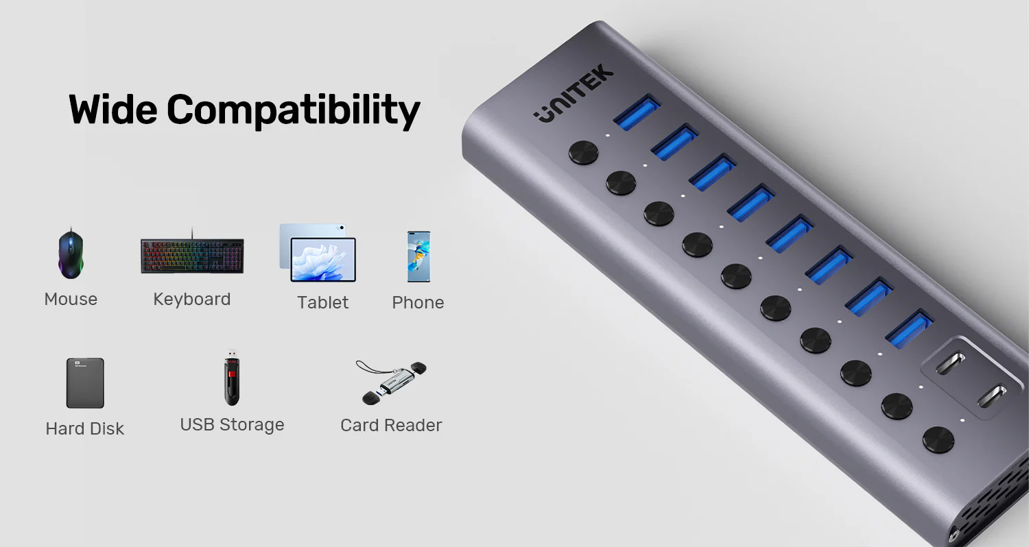 UNITEK 10-in-1 USB Hub with Individual Port Switches, 8x USB-A + 2x USB-C 5Gbps with BC1.2 Fast Charging Buy UNITEK 10-in-1 USB Hub with Individual Port Switches, 8x USB-A + 2x USB-C 5Gbps with BC1.2 Fast Charging Online in Pakistan - UGREEN PK