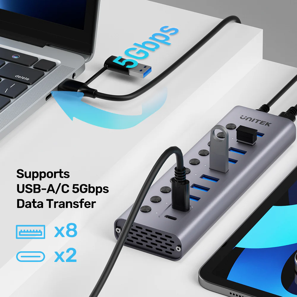 Buy UNITEK 10-in-1 USB Hub with Individual Port Switches, 8x USB-A + 2x USB-C 5Gbps with BC1.2 Fast Charging Online in Pakistan - UGREEN PK