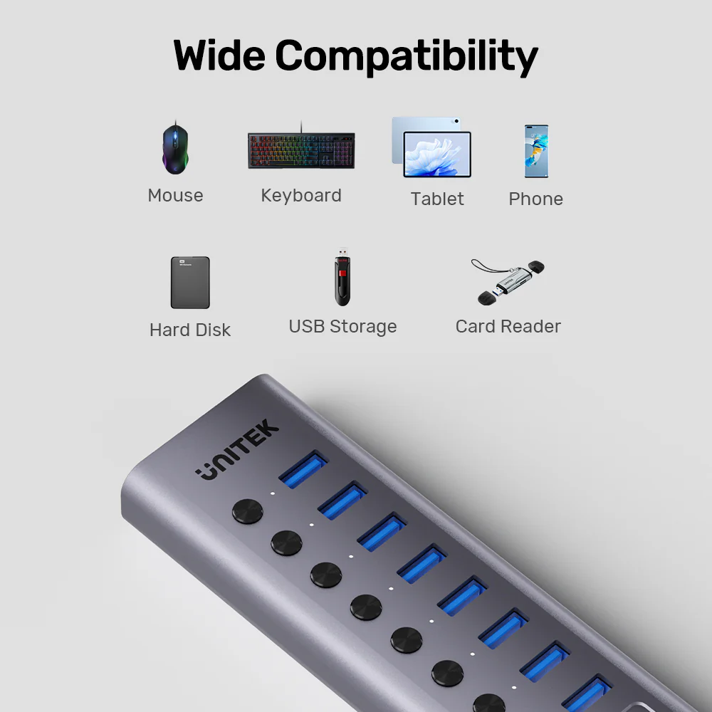 Buy UNITEK 10-in-1 USB Hub with Individual Port Switches, 8x USB-A + 2x USB-C 5Gbps with BC1.2 Fast Charging Online in Pakistan - UGREEN PK