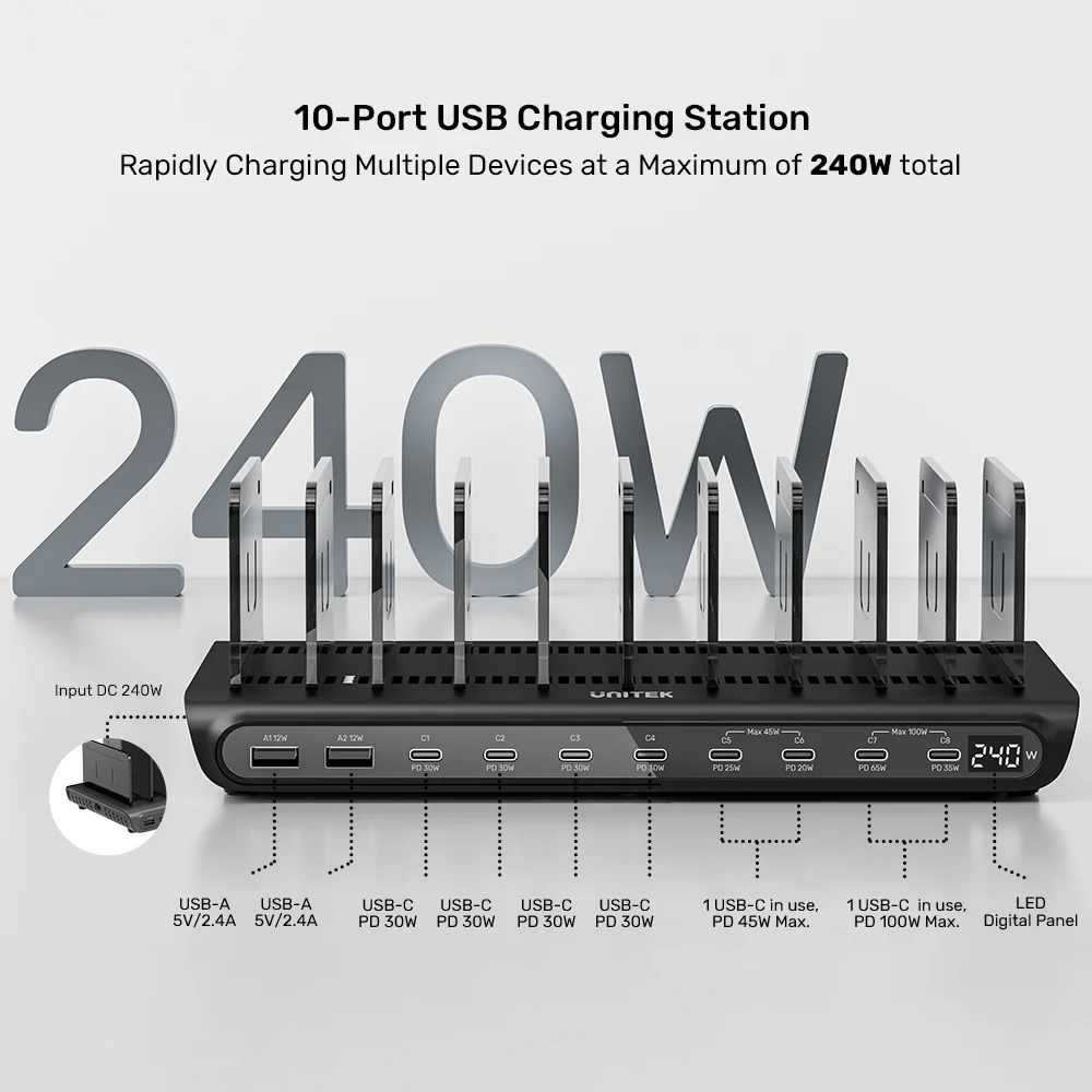 Buy UNITEK uCharge 240W 10-Port USB Smart Charging Station with 8 USB-C & 2 USB-A Online in Pakistan - UGREEN PK