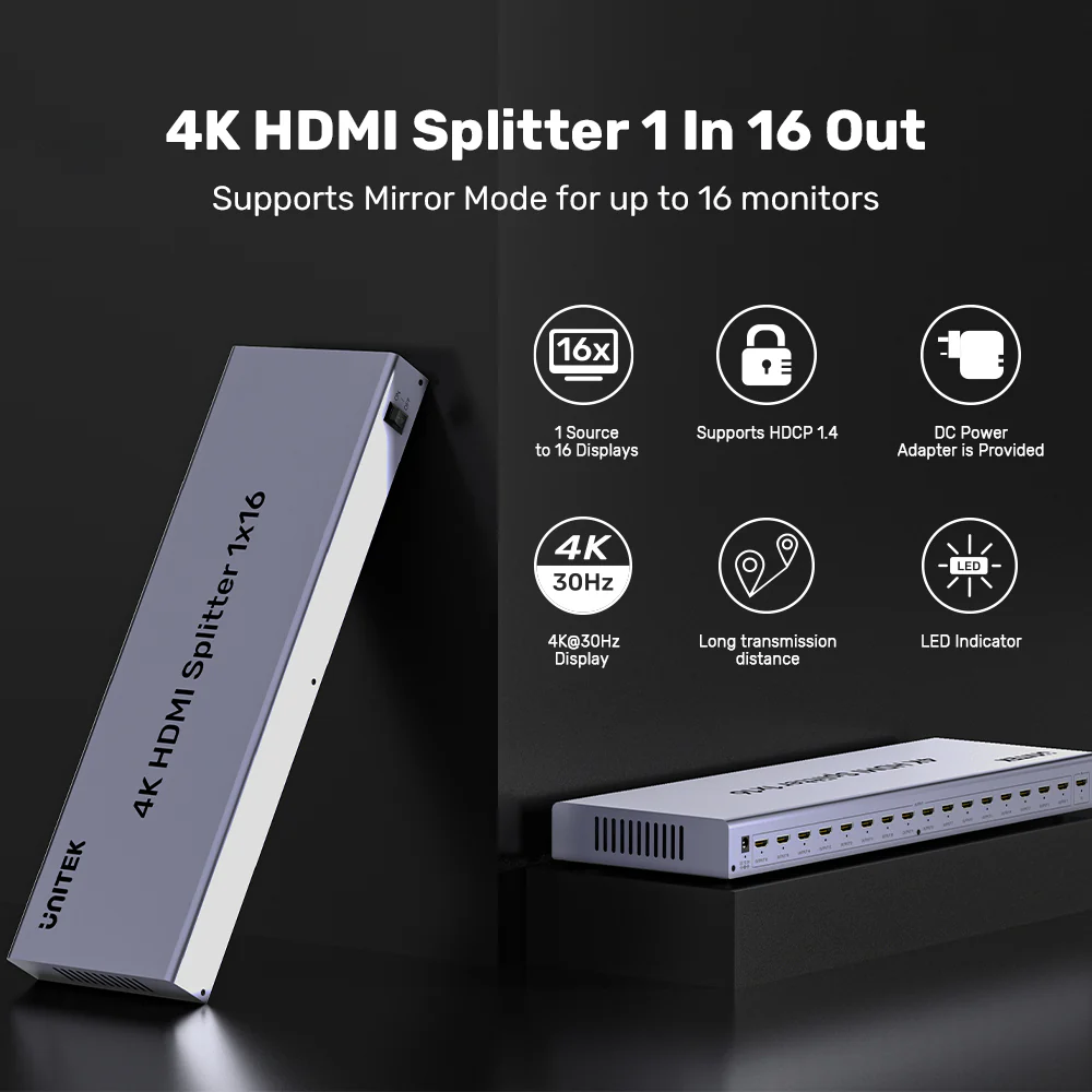UNITEK HDMI Splitter 1 in 16 Out 4K@30Hz, Professional 16-Port Video Distributor for Digital Signage Buy UNITEK HDMI Splitter 1 in 16 Out 4K@30Hz, Professional 16-Port Video Distributor for Digital Signage Online in Pakistan - UGREEN PK