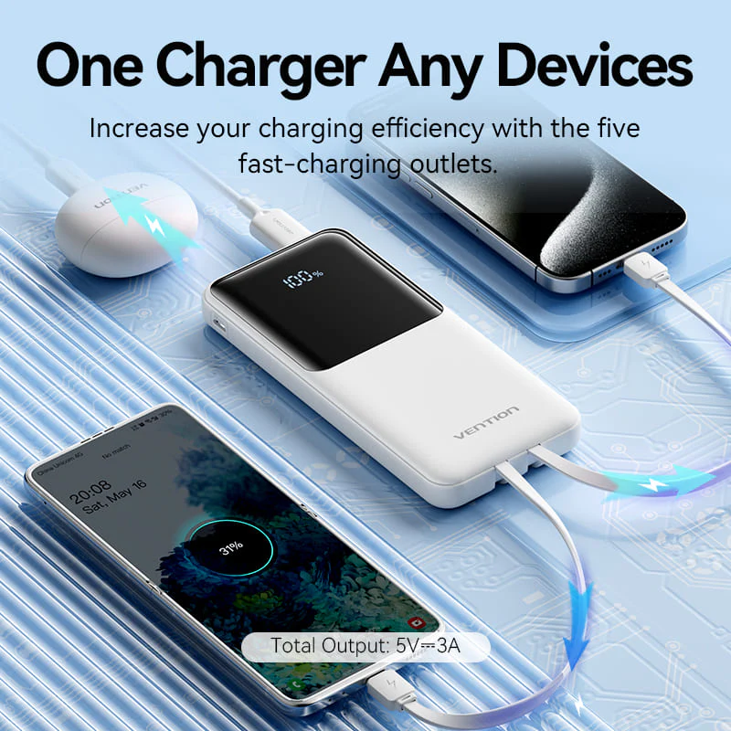 Buy VENTION FHOB0 10000mAh Power Bank 22.5W Fast Charging with Built-in Cables (Black) for iPhone 17/16/15 /14 Online in Pakistan - UGREEN PK