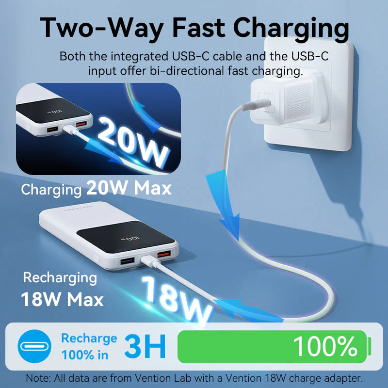 Buy VENTION FHOB0 10000mAh Power Bank 22.5W Fast Charging with Built-in Cables (Black) for iPhone 17/16/15 /14 Online in Pakistan - UGREEN PK