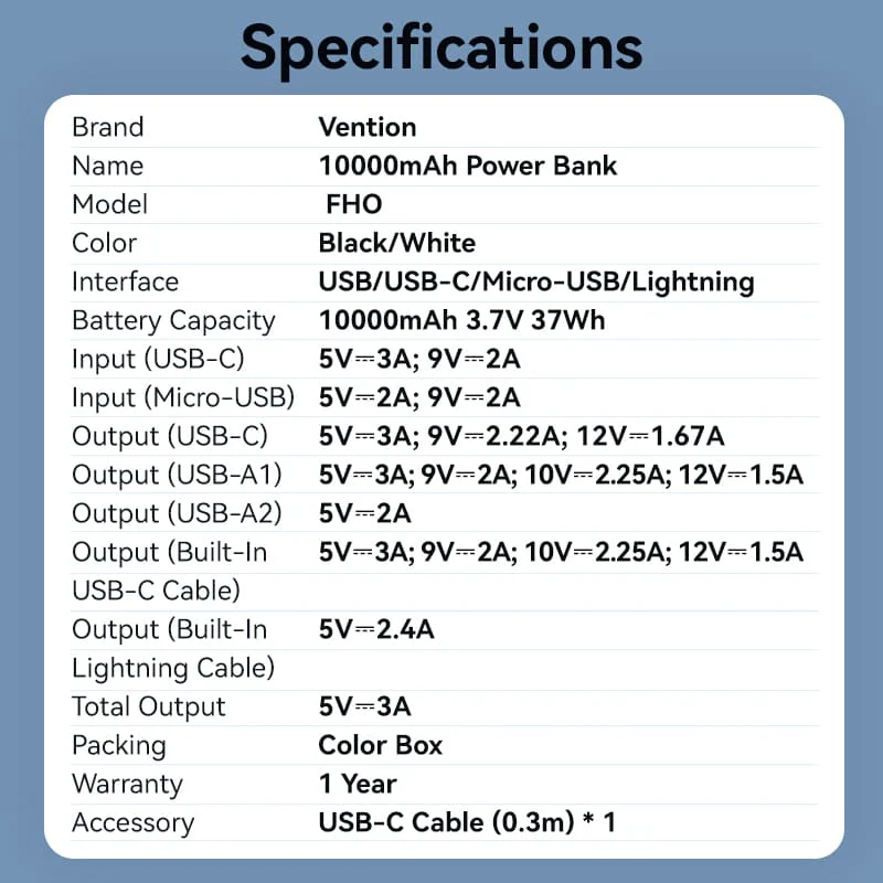 Buy VENTION FHOB0 10000mAh Power Bank 22.5W Fast Charging with Built-in Cables (Black) for iPhone 17/16/15 /14 Online in Pakistan - UGREEN PK