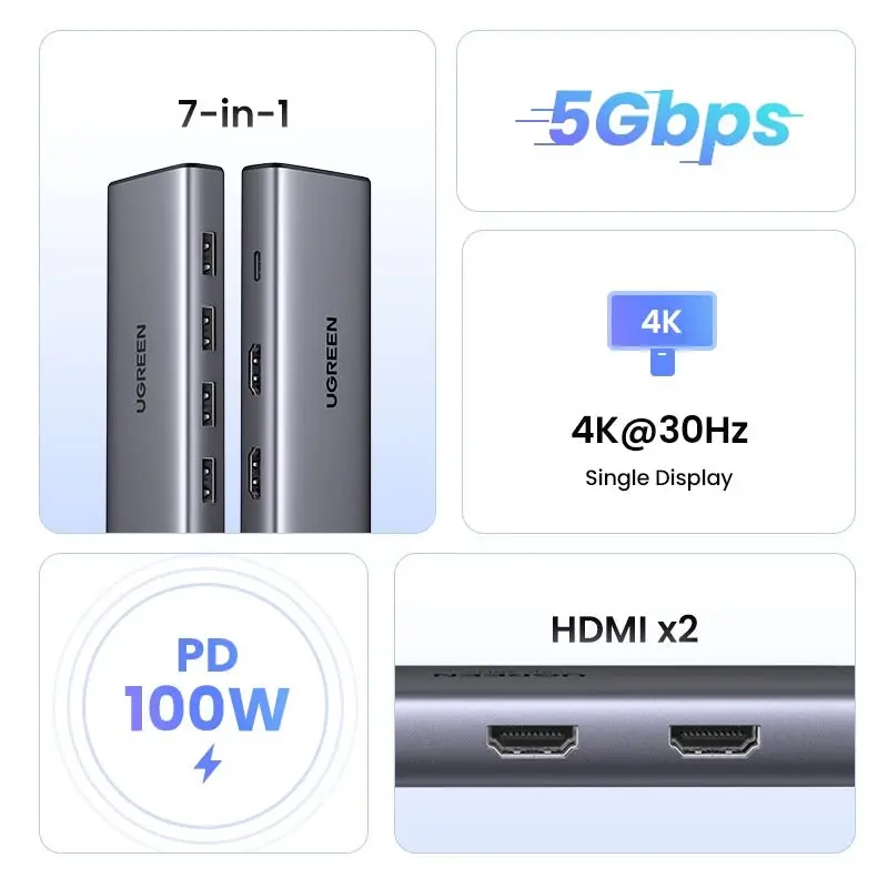 UGREEN 35897 7-in-1 USB-C Hub with Dual HDMI, 100W PD Charging, 4x USB-A Ports Buy UGREEN 35897 7-in-1 USB-C Hub with Dual HDMI, 100W PD Charging, 4x USB-A Ports Online in Pakistan - UGREEN PK