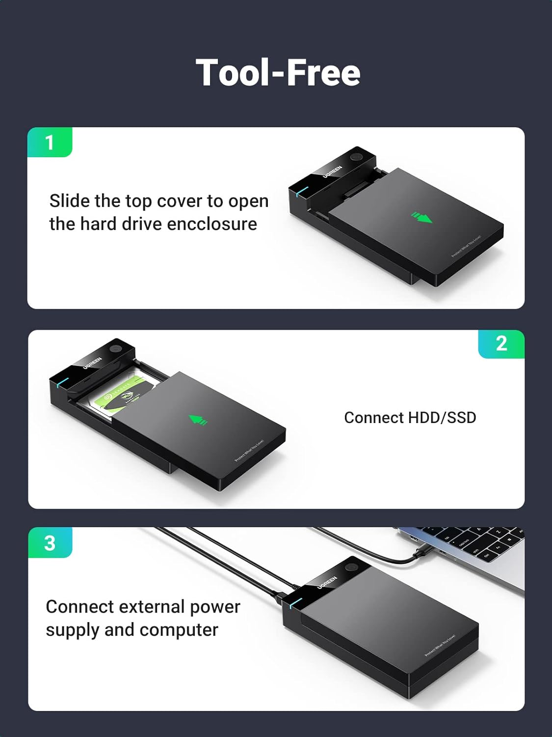 UGREEN 30849 USB 3.0 External HDD Enclosure for 3.5 2.5 Inch SATA SSD HDD - Image 4