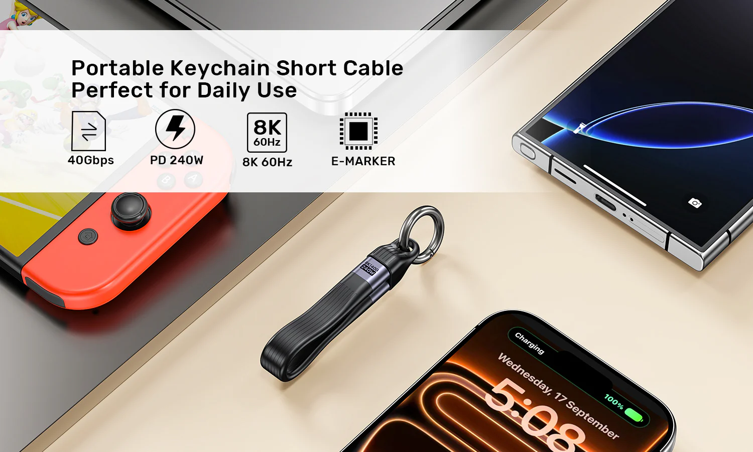 UNITEK USB4 Keychain Cable, 240W PD3.1 Fast Charging (0.13 Meter) 40Gbps Data Transfer, 8K@60Hz Video Thunderbolt 4 Compatible UNITEK USB4 Keychain Cable, 240W PD3.1 Fast Charging (0.13 Meter) 40Gbps Data Transfer, 8K@60Hz Video Thunderbolt 4 Compatible